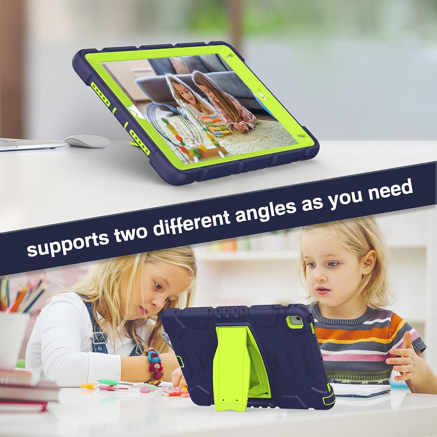 Husa Sigloo pentru iPad 9.7" (iPad 5/6, Air 2, Pro 9.7) – 3 Straturi Protectie, Suport Integrat, Ecran Protejat, Antisoc –Albastru marin cu Verde