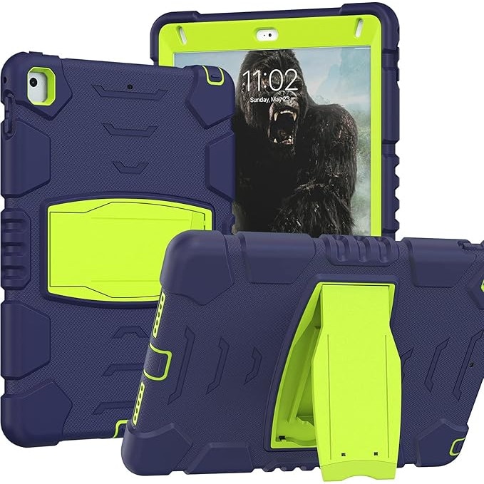 Husa Sigloo pentru iPad 9.7" (iPad 5/6, Air 2, Pro 9.7) – 3 Straturi Protectie, Suport Integrat, Ecran Protejat, Antisoc –Albastru marin cu Verde