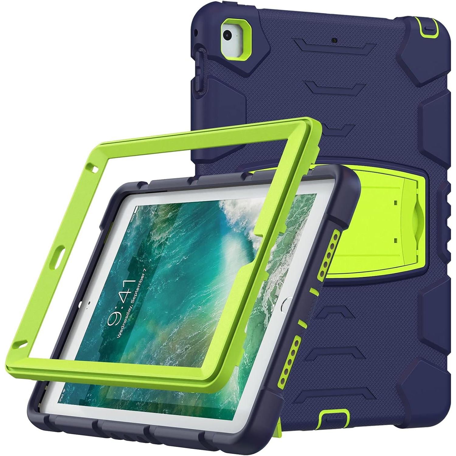 Husa Sigloo pentru iPad 9.7" (iPad 5/6, Air 2, Pro 9.7) – 3 Straturi Protectie, Suport Integrat, Ecran Protejat, Antisoc –Albastru marin cu Verde