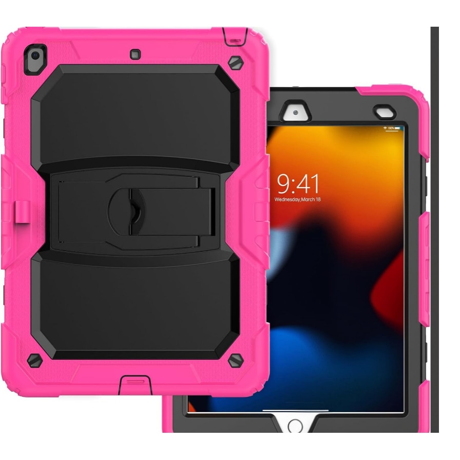 Husa Sigloo pentru iPad 9.7" (iPad 5/6, Air 2, Pro 9.7) – 3 Straturi Protectie, Suport Integrat, Ecran Protejat, Antisoc pentru Copii – Roz cu Negru