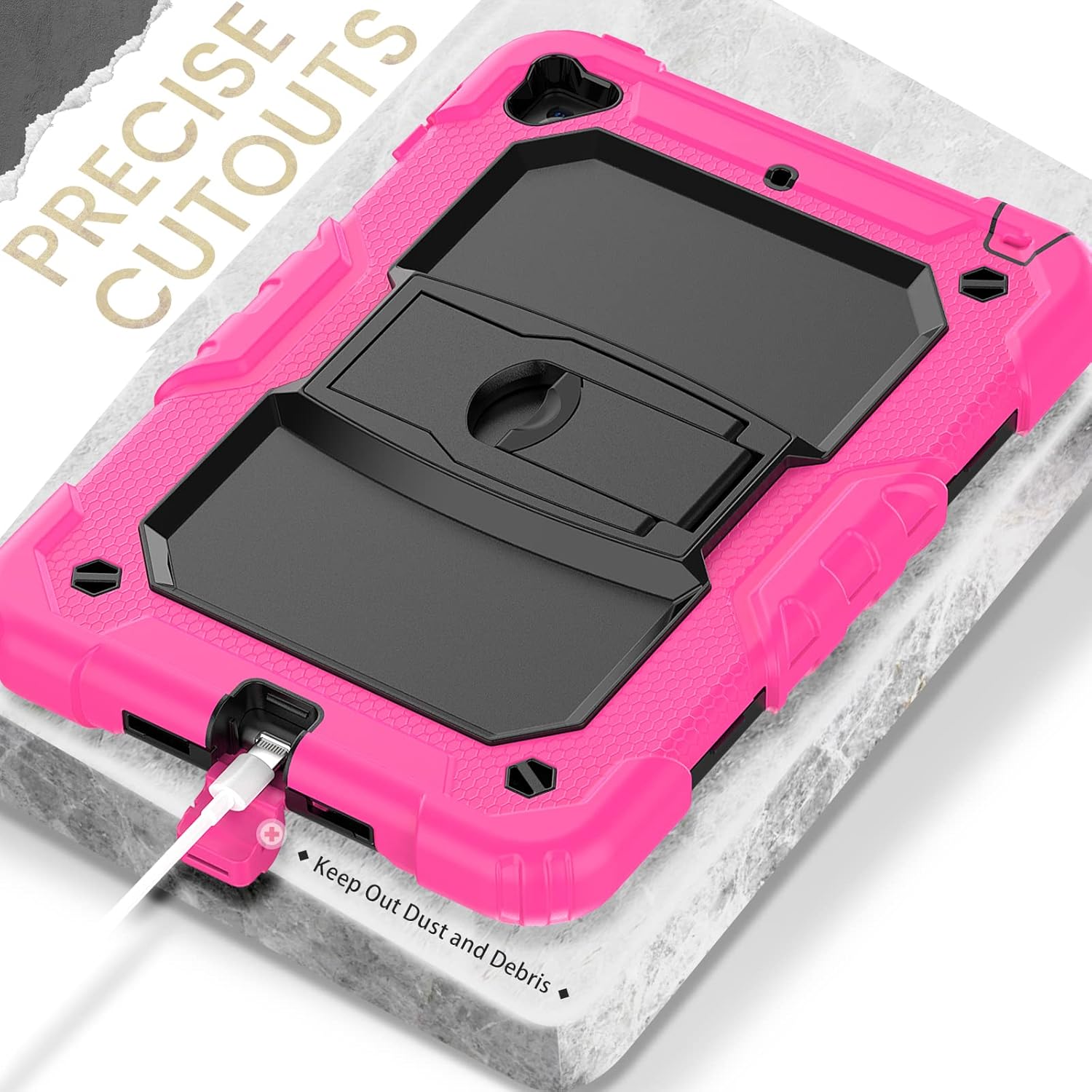 Husa Sigloo pentru iPad 9.7" (iPad 5/6, Air 2, Pro 9.7) – 3 Straturi Protectie, Suport Integrat, Ecran Protejat, Antisoc pentru Copii – Roz cu Negru