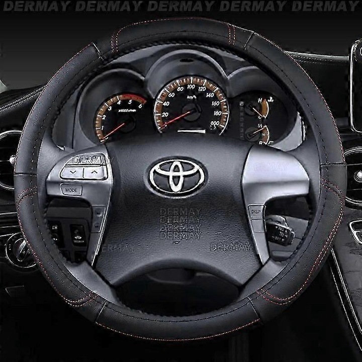Husa volan auto din piele naturala pentru Toyota Hilux, design ergonomic, neagra cu fir rosu, 700g