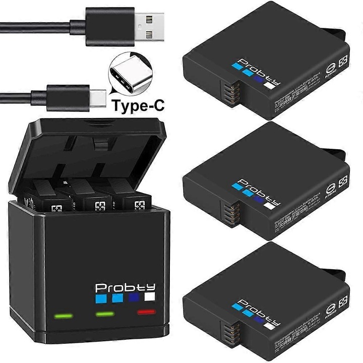 Зарядно и батерия за GoPro Hero 5/6/7 Black, 3 слота, 1680mAh, Type-C, комплект