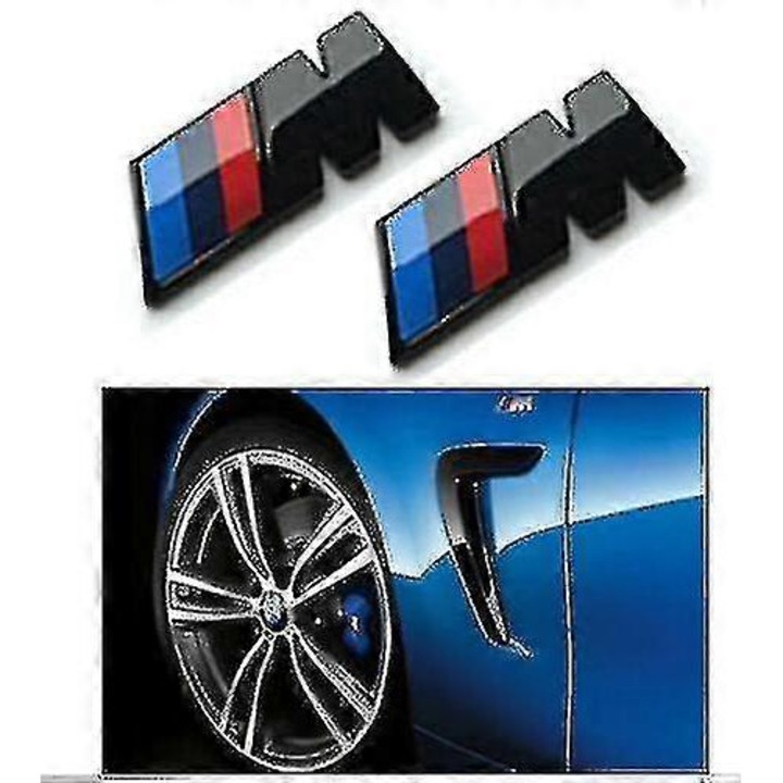 Insigne laterale BMW M Sport set 2 buc, negru lucios, 45x15mm