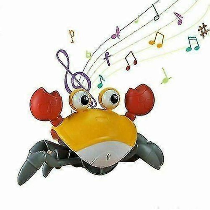 Jucarie interactiva pentru copii, crab electric, design dragut, muzica si lumini, 14x23x11cm, galben