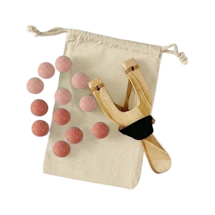 Prastie din lemn, set cu bile din lana, roz, 18 cm