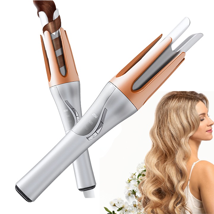 Ondulator automat de par cu rotatie inteligenta, Incalzire rapida, Protectie anti-arsura si Cablu Rotativ, Bucle perfecte, Coafura rezistenta, Argintiu