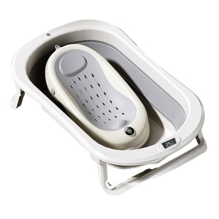 Сгъваема вана за баня със стойка, Капацитет 45л, Индикатор за температура, 0-8 години, 80 x 50 x 23 см, Сив