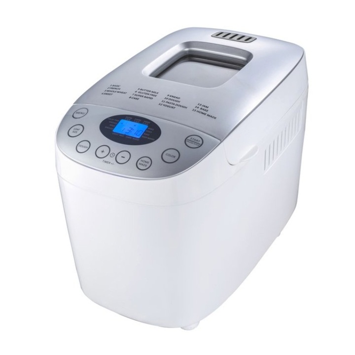 Masina de facut paine Crown CBM-6566, Afisaj LCD, Temporizator, Pastrare la cald, 12 programe, 850 W, Alba