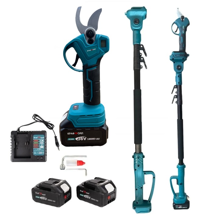 Акумулаторна лозарска ножица, Kraft-Royal 36V 8AH с Телескопичен прът 2.5м