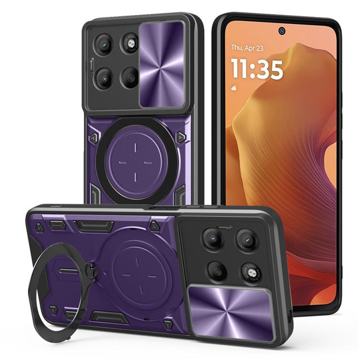 Husa pentru Motorola Moto G15 cu protectie pentru camera si suport magnetic integrat Ring Shockproof, mov