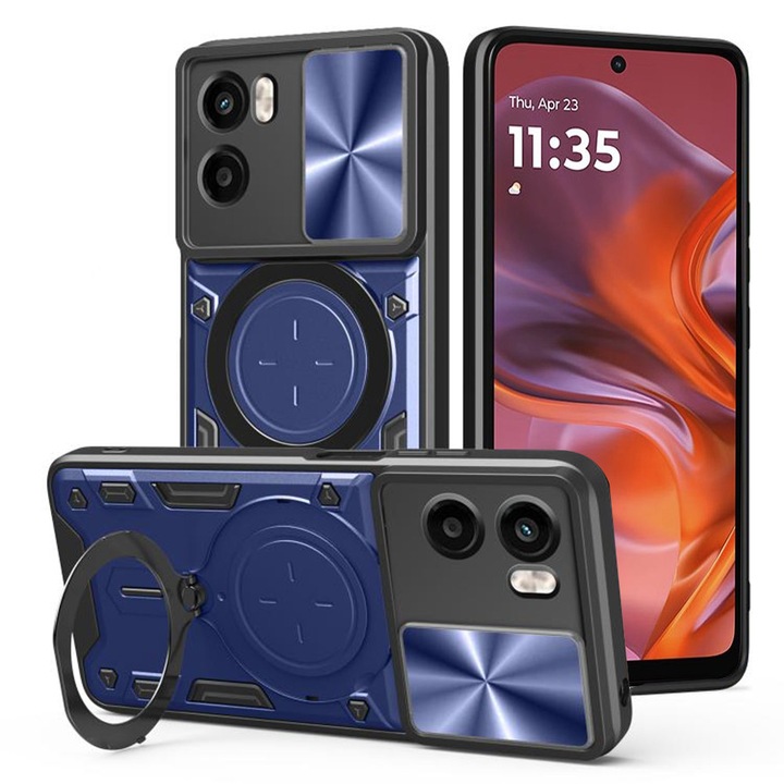 Husa pentru Motorola Moto G05 cu protectie pentru camera si suport magnetic integrat Ring Shockproof, albastru