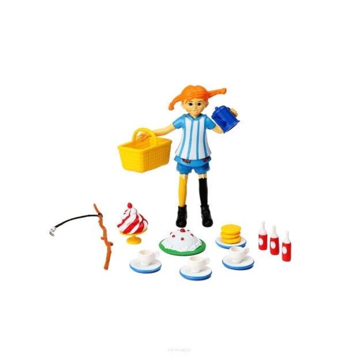 Pippi Hosszúharisnya figurakészlet, Micki, 1 figura, 2 sütemény, 4 tányér, 3 csésze, 1 teáskanna, 3 üveg gyümölcslé, 3 palacsinta, kosár, 3 éves kortól