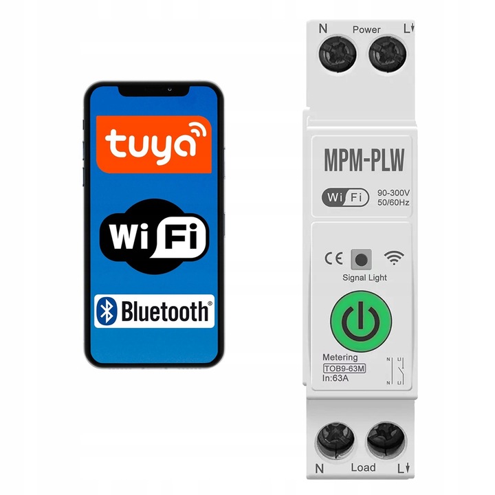 WiFi 63A modul energiafogyasztás méréssel, Tuya, DIN sínre szerelhető készlet