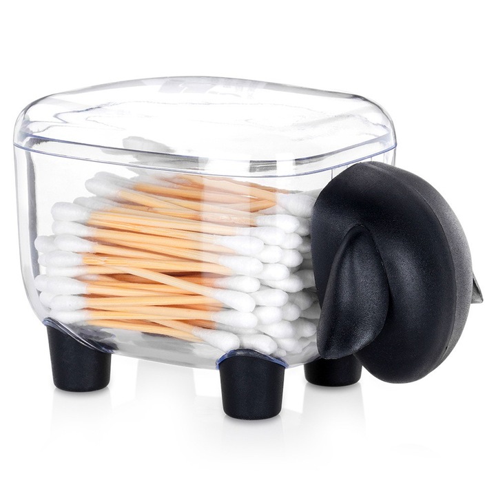 Recipient pentru betisoare de urechi, Artemis, forma oaie, transparent/negru, 13x7x8cm