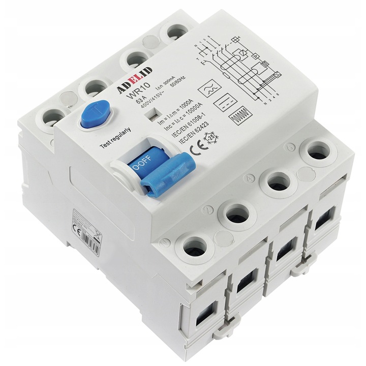 Dispozitiv de protectie diferentiala 63A 300mA 4P 10kA TYP B, Adelid, montaj pe sina DIN, dimensiuni 70,5x81x66mm