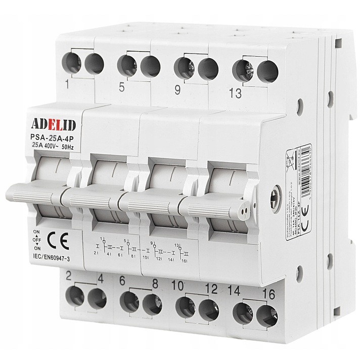 Comutator de alimentare Adelid 25A 4P, 1-0-2, 72mm, IP20