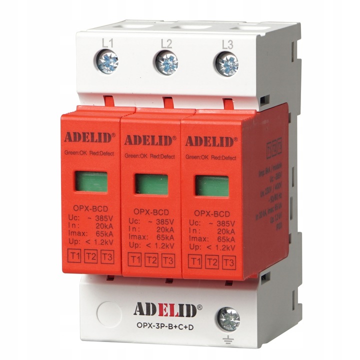 Siguranta supratensiune 3-fazic Adelid, B+C+D, 20-65 kA, montaj pe sina TH35