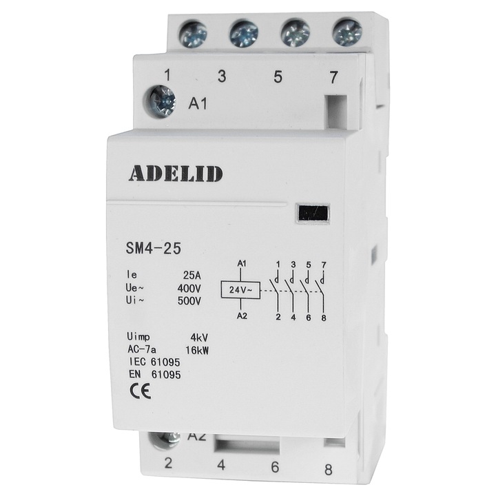 Stycznik modulowy 25A 2-modulowy Adelid, 4 contacte, 24V, 85x36x68mm