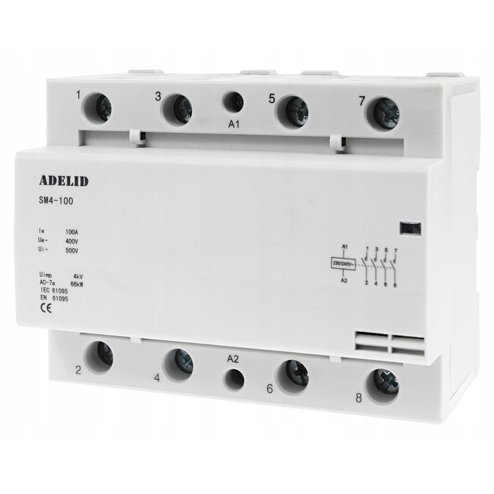 Stycznik modulowy 100A, Adelid, 3-module, 4xNO, 230V, montaj pe sina TH35