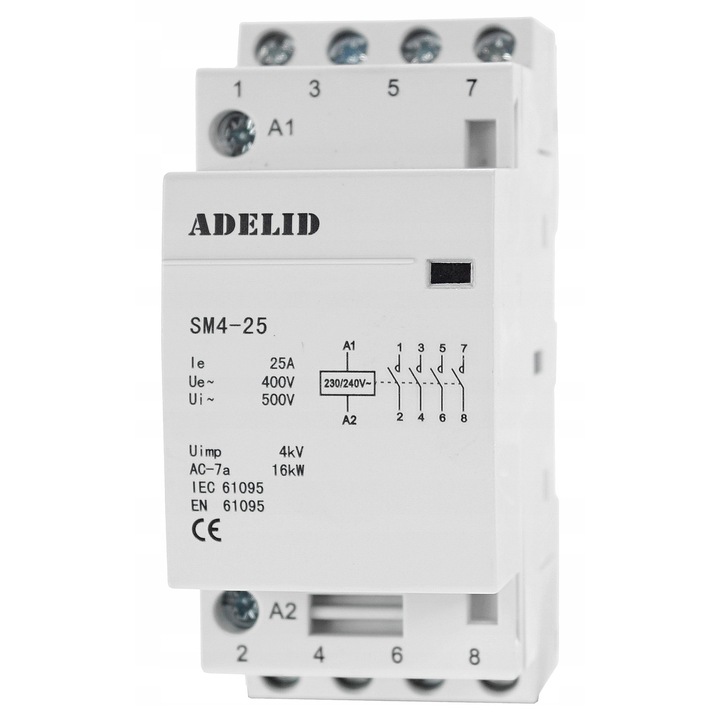 Stycznik modulowy Adelid 25A 2-modulowy 4xNO 230V 85x36x68mm