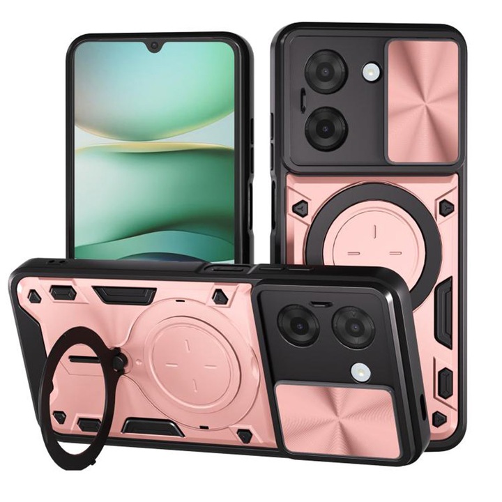 Husa LensCover KickStand pentru Xiaomi Redmi A5 4G (Standard), Inel Magnetic, Strong Shock Absortion, Design Fusion Protect, Drop Protection, Roz