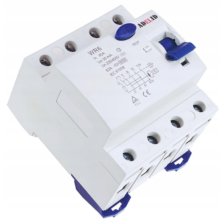 Dispozitiv de protectie diferentiala 3-fazic Adelid 63A 100mA 4P, 230/400V AC, montaj pe sina DIN