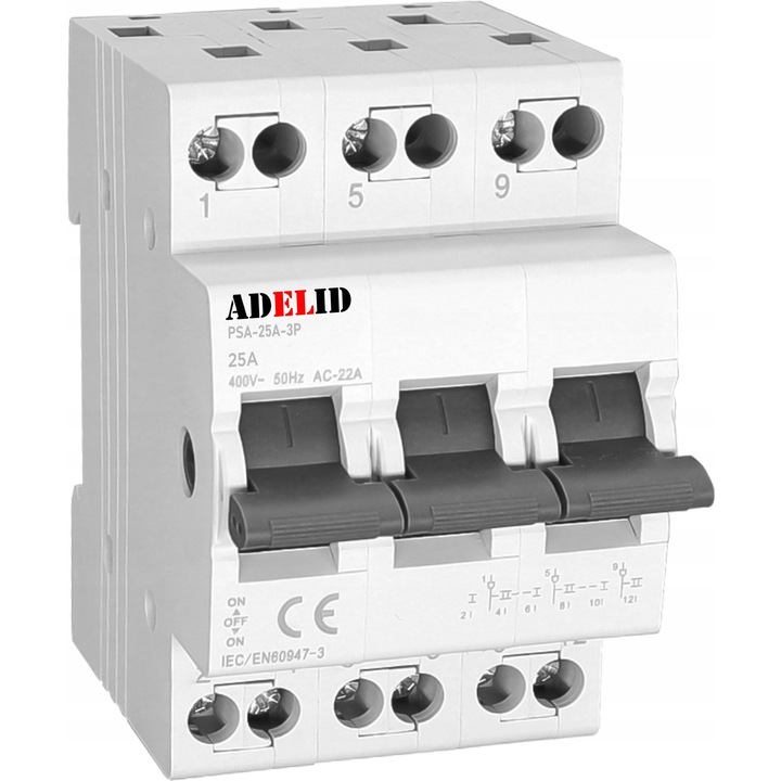 Intrerupator de alimentare Adelid, 25A 3P, 1-0-2, 54mm, IP20