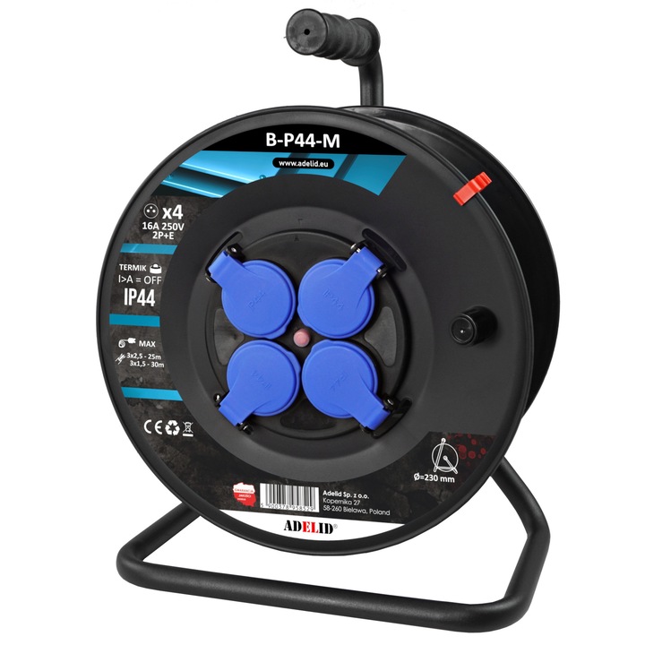 Удължител на макара Adelid, 4 контакта Schuko, 16A, 230V, IP44, 30м, пластмасов, метален