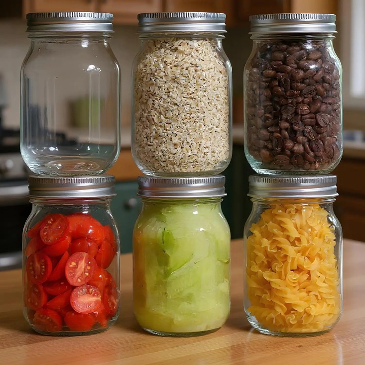 Elindor® 6 db-os üveg befőttesüveg készlet légmentesen záródó tetővel, 500 ml-es üveg, ideális mézhez, lekvárhoz, fűszerekhez, kávéhoz, cukorhoz és savanyúságok erjesztéséhez, fém tetők, konyhai tárolóedény, átlátszó