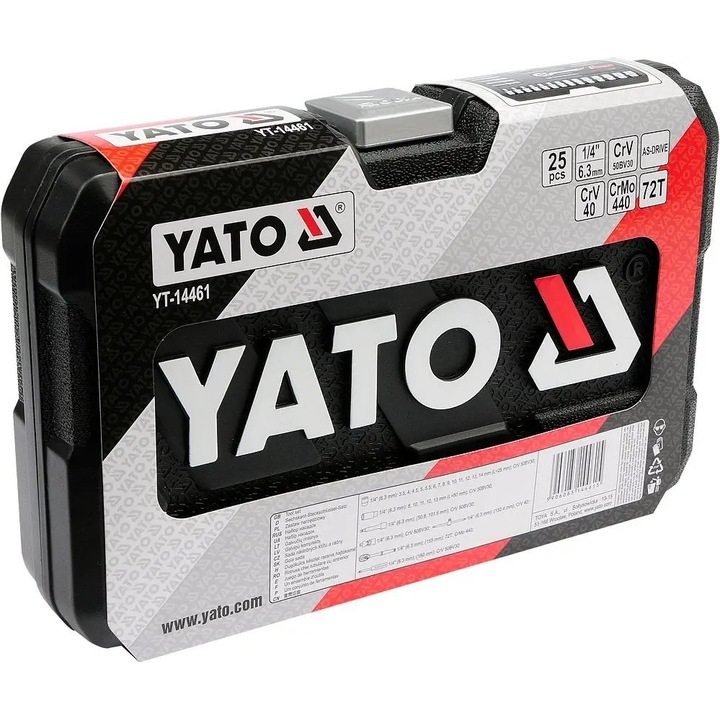 Set unelte Yato 25 piese, 1/4'', cu chei si prelungiri, crom-vanadiu, cutie de transport