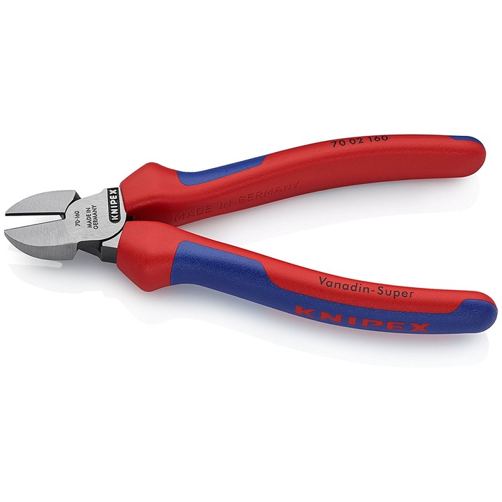 Oldalcsípőfogó, Knipex 70 02 160, induktívan edzett vágóélekkel (62 HRC), kovácsolt vanádium acélból, többkomponensű markolat, vágás O4 mm-ig, piros/kék, 160 mm