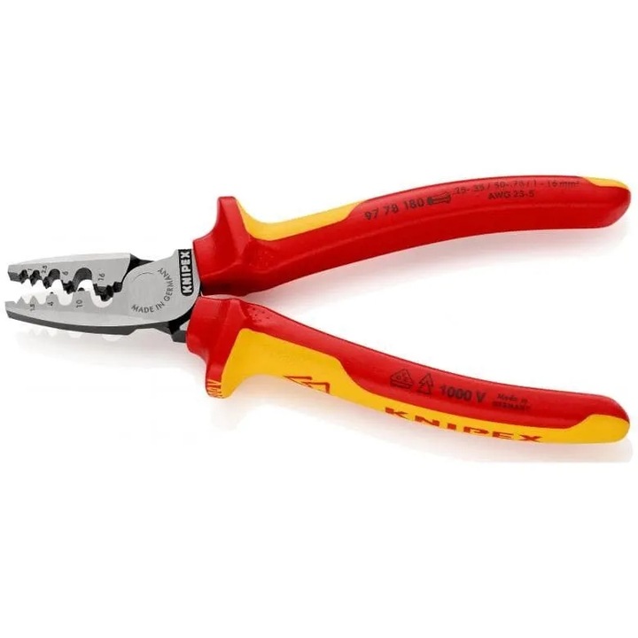 Knipex VDE krimpelőfogó kábelhüvelyekhez, 0,25-16mm, 180mm