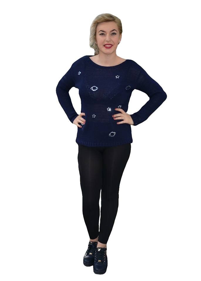 Bluza clasica cu maneca lunga, cu paiete,D&J Exclusive, Albastru marin