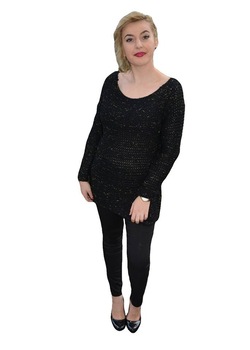 Bluza tinereasca cu fir auriu in tesatura, model lung,masura mare,D&J Exclusive, Negru Bluza tinereasca cu fir auriu in tesatura, model lung,masura mare,D&J Exclusive, Negru