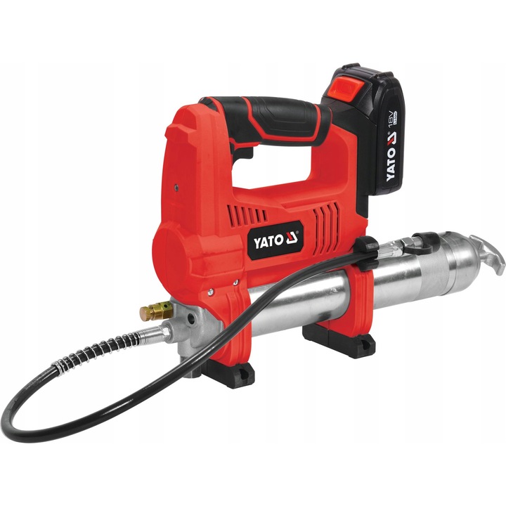 Акумулаторна помпа за гресиране/пистолет за гресиране Yato 18V 3Ah, 620 bar, капацитет 600 g, маркуч 76 cm, червен/черен