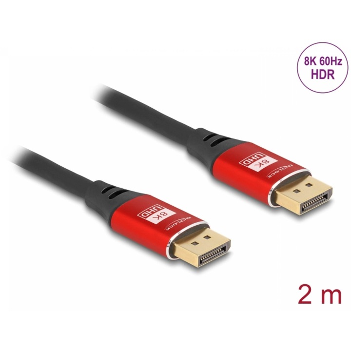 Cablu Displayport 8K60Hz/4K240Hz T-T 2m Negru/Rosu, Delock 80605