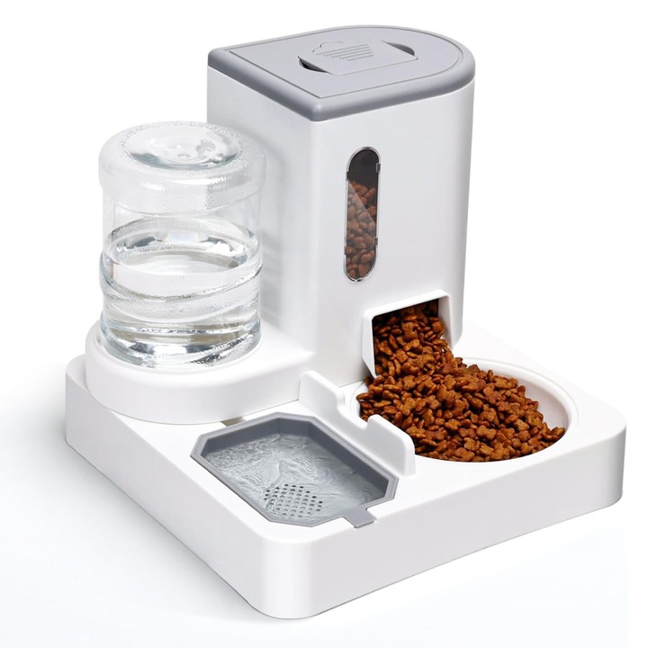 Ydene kutya és macska etető és itató, 2 az 1-ben automata adagoló, 1L vízkapacitás/ 2,2L ételkapacitás, Kifolyásgátló kialakítás, Nincs szükség elektromos áramra, 27x27.3x24.5cm, Szürke és Fehér