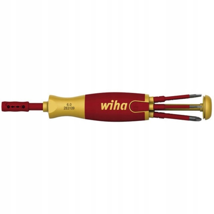 Отвертка Wiha 38610 с вътрешен магазин за 6 slim бита, VDE изолация, SoftFinish многокомпонентна дръжка, закалена хром-ванадиева стомана, червено/жълто, 1 бр.
