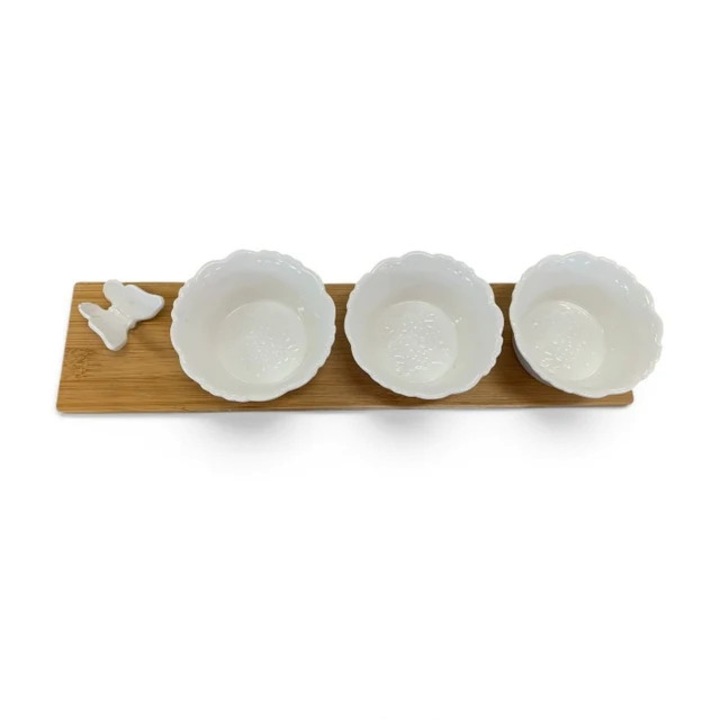 Set Sosiera si Tava, Ceramica si Lemn, 4 Piese, 37x9cm, Alb-Maro