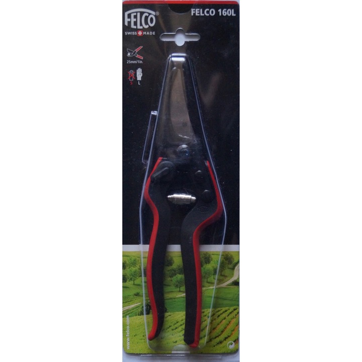 Kerti metszőolló/ágvágó olló, Felco 160L, ergonomikus kompozit szálas nyél, edzett penge tapadásmentes profillal, vágási átmérő 25 mm, fekete/piros, 1 db