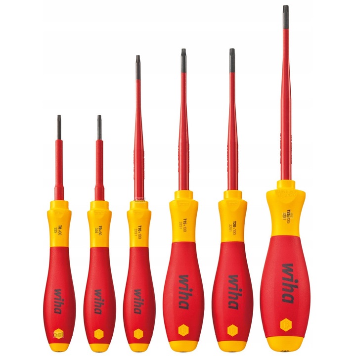 Wiha SoftFinish electric slimFix szigetelt csavarhúzó készlet, 6 darab, TORX Tamper Resistant T10H–T40H (100–150 mm), VDE, 1.000 V AC védelem, piros/sárga