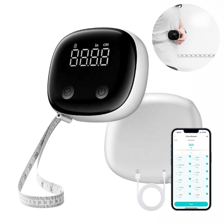 Centimetru Inteligent Digital Wanty® BodyTape, Bluetooth, Pentru Masuratori corporale, Aplicatie Smartphone, 12 Zone Corporale, Reincarcabil USB-C, pentru Fitness, Croitorie, Animale si Bebelusi, Alb
