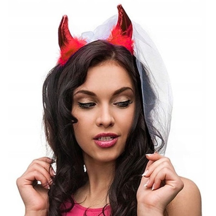 Парти лента за глава Парти деко, бял/червен, модел дявол и воал