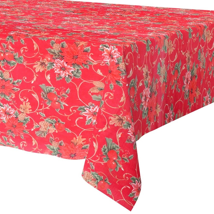 Piros ünnepi terítő 180x130 cm, zöld és arany mintával, foltálló, szett