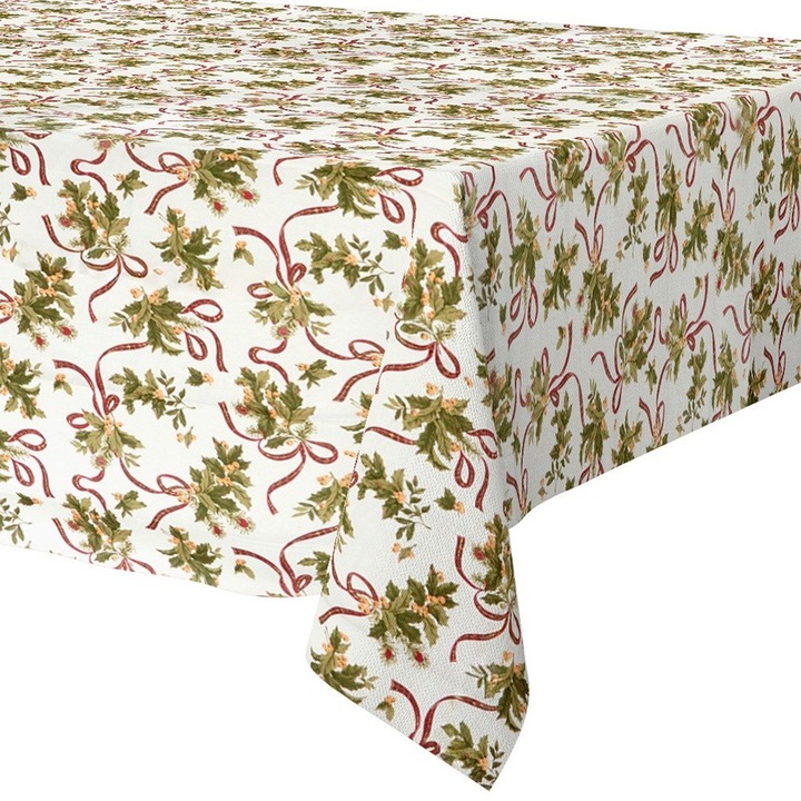 Ünnepi lángálló terítő 180x130 cm, krém színű, ünnepi zöld és piros mintával, EXCELLENT HOUSEWARE