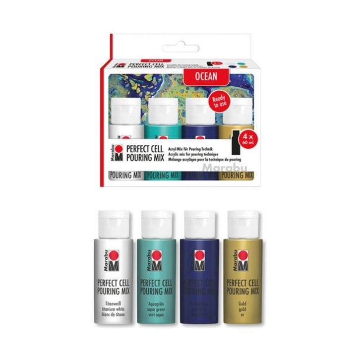 Set de tehnica Pouring Marabu Super Cell, 4 x 60 ml, culori: alb, verde, albastru, auriu, dimensiune 30x40cm