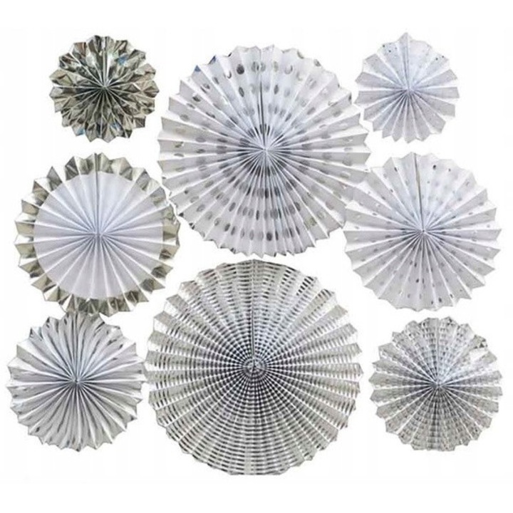 PartyPro dekoratív rozetták, 8 darabos készlet, ezüst színű, 20x25x30x40cm átmérő