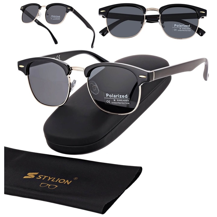 Ochelari de soare unisex Stylion, polaroid, negru cu auriu, dimensiuni 13.7x4.8cm, set cu etui si stergator