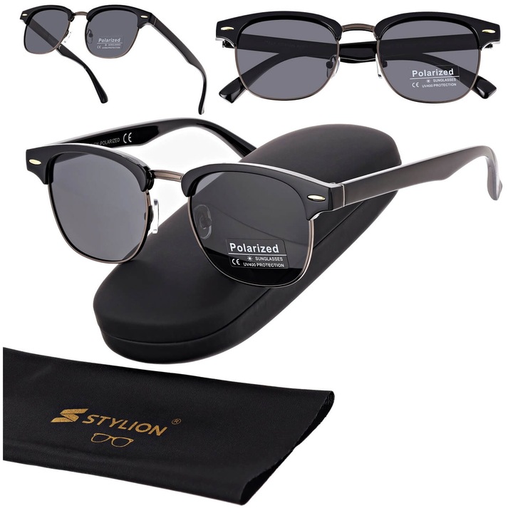 Ochelari de soare unisex Stylion, polaroid, negru/grafit, dimensiuni 13.7x4.8cm, set cu etui si stergator
